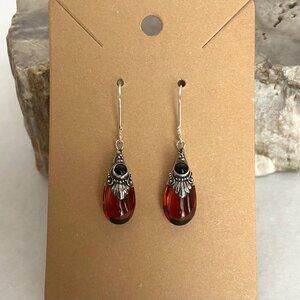 Sterling Silver 925 Baltic Amber & Black Onyx Dangle Drop Earrings Amber Jewelry